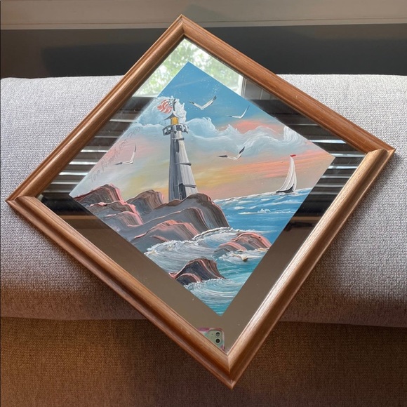 One of a kind lighthouse/coastal scene diamond shaped mirror - Picture 1 of 4